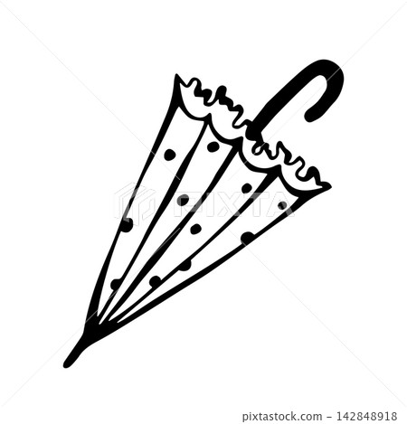 Vintage polka-dot umbrella with lace. Isolated vector EPS object. Line art hand drawn illustration in black ink. Cottagecore, coquette core. Graphic drawing. Outline sketch cute women's accessory. Vintage polka-dot umbrella with lace. Isolated vector EPS object. Line art hand drawn illustration in black ink. Cottagecore, coquette core. Graphic drawing. Outline sketch cute women's accessory. 142848918