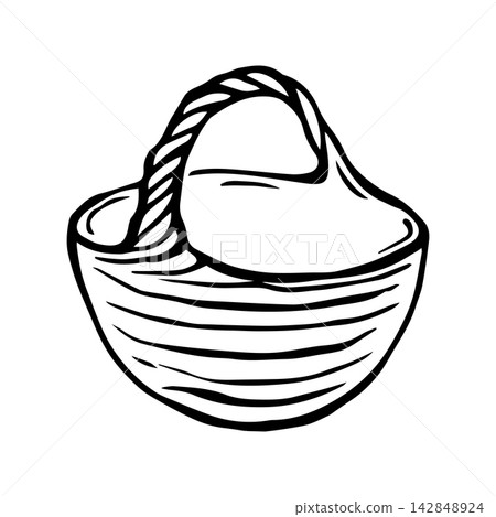 Round woven basket with handle. Isolated vector EPS object. Line art hand drawn illustration in black ink. Cottagecore, rustic, doodle. Outline sketch wicker bin for rural, farming, gardening desing. 142848924