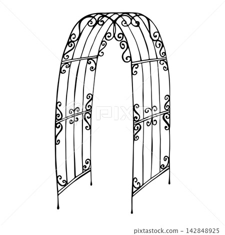Wrought-iron garden arch decorated with scrollwork. Isolated vector EPS. Line art hand drawn illustration in black ink. Cottagecore. Outline sketch backyard archway for landscaping and gardening. Wrought-iron garden arch decorated with scrollwork. Isolated vector EPS. Line art hand drawn illustration in black ink. Cottagecore. Outline sketch backyard archway for landscaping and gardening. 142848925