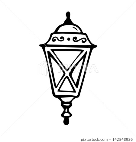 Metal lantern. Old vintage steel lamp clipart. Isolated vector EPS object. Line art hand drawn illustration in black ink. Cottagecore, doodle. Outline sketch decorative retro light fixture for garden. 142848926