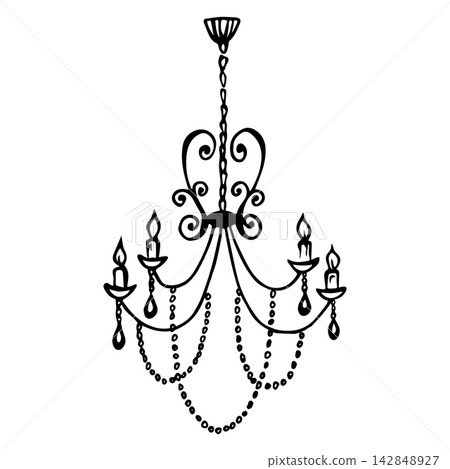Old vintage wrought chandelier with candles, scrollwork and pendants. Isolated vector EPS. Line art hand drawn illustration in black ink. Cottagecore. Outline sketch decorative retro ceiling lamp. Old vintage wrought chandelier with candles, scrollwork and pendants. Isolated vector EPS. Line art hand drawn illustration in black ink. Cottagecore. Outline sketch decorative retro ceiling lamp. 142848927