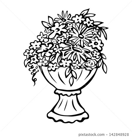 Garden planter with flowers. Isolated vector EPS object. Graphic illustration hand drawn in black ink. Cottagecore. Outline sketch lush flowerbed for wedding invitation, landscaping and gardening. 142848928