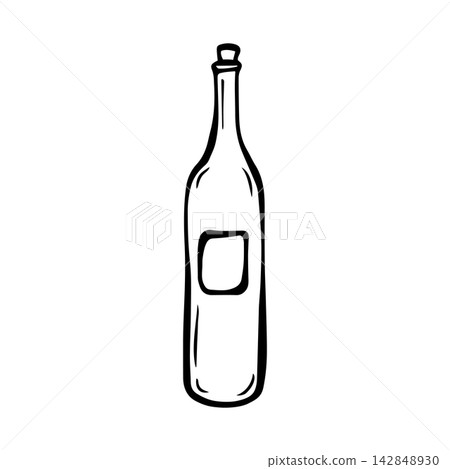 Wine bottle with blank label. Isolated vector EPS object. Line art hand drawn illustration in black ink. Cottagecore, doodle, la dolce vita. Outline sketch of alcohol beverage for menu design. Wine bottle with blank label. Isolated vector EPS object. Line art hand drawn illustration in black ink. Cottagecore, doodle, la dolce vita. Outline sketch of alcohol beverage for menu design. 142848930