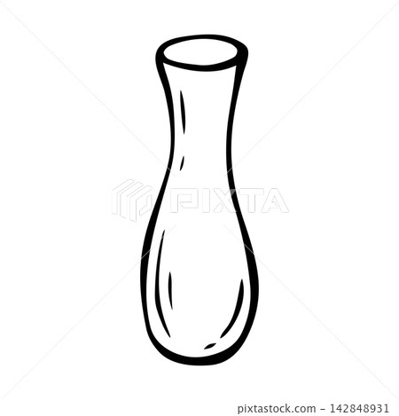 Flower ceramic vase for ornamental plants. Isolated vector EPS home elegant decor. Line art hand drawn illustration in black ink. Cottagecore, doodle. Outline sketch accessory for interior design. 142848931