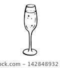 Glass of champagne. Isolated vector EPS object. Line art hand drawn illustration in black ink. Outline sketch of glassware with sparkling fizz wine for festive invitation and holiday congratulations. 142848932