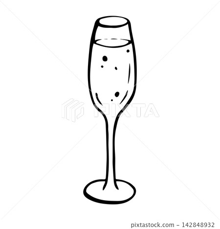 Glass of champagne. Isolated vector EPS object. Line art hand drawn illustration in black ink. Outline sketch of glassware with sparkling fizz wine for festive invitation and holiday congratulations. 142848932