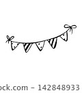Festive garland with triangle shaped flags striped and polka-dot for decoration. Isolated vector EPS object. Line art hand drawn illustration in black ink. Cottagecore, doodle. Graphic drawing. 142848933