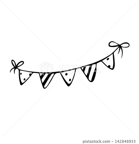 Festive garland with triangle shaped flags striped and polka-dot for decoration. Isolated vector EPS object. Line art hand drawn illustration in black ink. Cottagecore, doodle. Graphic drawing. Festive garland with triangle shaped flags striped and polka-dot for decoration. Isolated vector EPS object. Line art hand drawn illustration in black ink. Cottagecore, doodle. Graphic drawing. 142848933