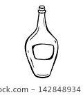 Vector wine bottle with blank label. Isolated EPS object. Graphic illustration hand drawn in black ink. Cottagecore, la dolce vita, doodle. Outline sketch alcohol drink for bar and restaurant design. 142848934