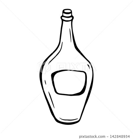 Vector wine bottle with blank label. Isolated EPS object. Graphic illustration hand drawn in black ink. Cottagecore, la dolce vita, doodle. Outline sketch alcohol drink for bar and restaurant design. Vector wine bottle with blank label. Isolated EPS object. Graphic illustration hand drawn in black ink. Cottagecore, la dolce vita, doodle. Outline sketch alcohol drink for bar and restaurant design. 142848934