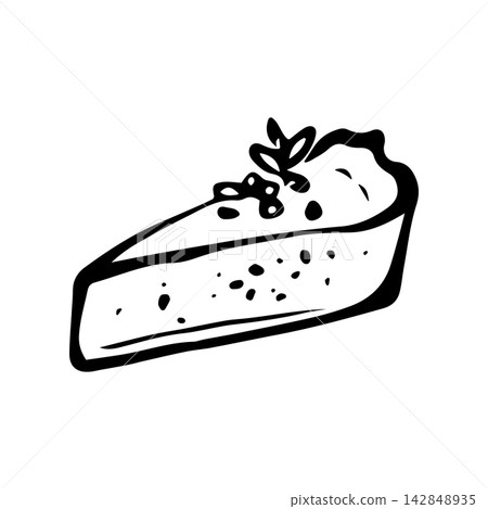 Slice of berry pie. Isolated vector EPS portion of cake. Line art hand drawn illustration in black ink. Cottagecore, doodle. Outline sketch of sweet pastries for menu, birthday, party and holiday. 142848935