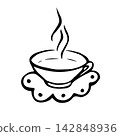 Cup of hot beverage resting on lace napkin. Isolated vector EPS teacup. Line art hand drawn illustration in black ink. Cottagecore, doodle. Outline sketch of mug with tea or coffee for menu design. 142848936