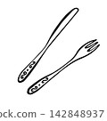 Fork and knife - pair cutlery. Isolated vector EPS silverware. Line art hand drawn illustration in black ink. Cottagecore, doodle. Outline sketch utensil for kitchen design, bar and restaurant menus. 142848937