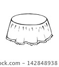 Tablecloth with ruffles along the bottom, spread out on round dining table. Isolated vector EPS. Cottagecore, doodle. Line art hand drawn illustration in black ink. Outline sketch kitchen textiles. 142848938
