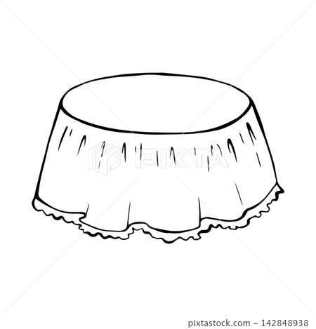 Tablecloth with ruffles along the bottom, spread out on round dining table. Isolated vector EPS. Cottagecore, doodle. Line art hand drawn illustration in black ink. Outline sketch kitchen textiles. Tablecloth with ruffles along the bottom, spread out on round dining table. Isolated vector EPS. Cottagecore, doodle. Line art hand drawn illustration in black ink. Outline sketch kitchen textiles. 142848938