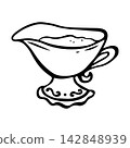 Gravy boat with sauce. Isolated vector EPS vintage sauceboat. Line art hand drawn illustration in black ink. Outline sketch elegant ceramic sauce dish for kitchen design, for food blogs and articles. 142848939