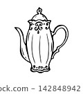 Vintage porcelain teapot with scrollwork. Isolated vector EPS. Graphic illustration hand drawn in black ink. Cottagecore, rococo. Outline sketch old retro kettle for invitations to festive dinner. 142848942