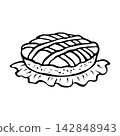 Pie with filling resting on napkin. Isolated vector EPS pastries. Line art hand drawn illustration in black ink. Cottagecore, doodle. Outline sketch of pumpkin cake for thanksgiving or other holidays. 142848943