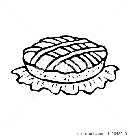 Pie with filling resting on napkin. Isolated vector EPS pastries. Line art hand drawn illustration in black ink. Cottagecore, doodle. Outline sketch of pumpkin cake for thanksgiving or other holidays. Pie with filling resting on napkin. Isolated vector EPS pastries. Line art hand drawn illustration in black ink. Cottagecore, doodle. Outline sketch of pumpkin cake for thanksgiving or other holidays. 142848943