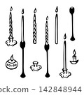 Candles and candleholders of various sizes. Isolated vector EPS set. Line art hand drawn illustration in black ink. Cottagecore, doodle. Outline sketch for aromatherapy, holiday, romantic, wedding. 142848944
