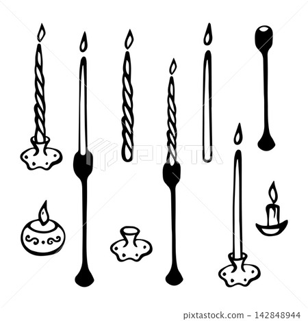 Candles and candleholders of various sizes. Isolated vector EPS set. Line art hand drawn illustration in black ink. Cottagecore, doodle. Outline sketch for aromatherapy, holiday, romantic, wedding. Candles and candleholders of various sizes. Isolated vector EPS set. Line art hand drawn illustration in black ink. Cottagecore, doodle. Outline sketch for aromatherapy, holiday, romantic, wedding. 142848944