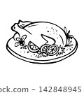 Stuffed baked turkey on platter with spices, cranberry sauce, and herbs for Thanksgiving. Isolated vector EPS. Graphic illustration hand drawn in black ink. Outline sketch for holiday invitations. 142848945