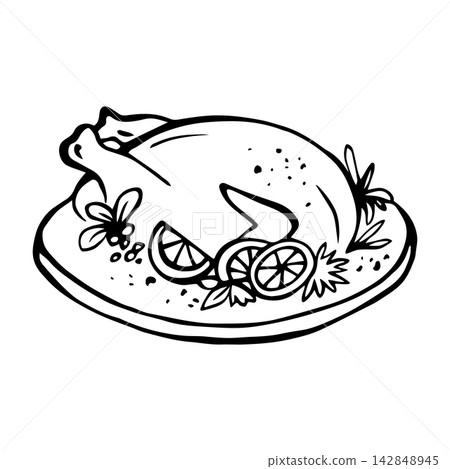 Stuffed baked turkey on platter with spices, cranberry sauce, and herbs for Thanksgiving. Isolated vector EPS. Graphic illustration hand drawn in black ink. Outline sketch for holiday invitations. Stuffed baked turkey on platter with spices, cranberry sauce, and herbs for Thanksgiving. Isolated vector EPS. Graphic illustration hand drawn in black ink. Outline sketch for holiday invitations. 142848945