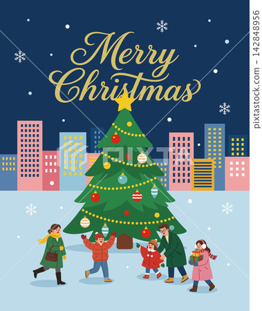 Merry Christmas Winter City Family Illustration Merry Christmas Winter City Family Illustration 142848956