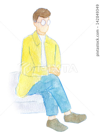 Watercolor illustration, hand-drawn illustration, seated man Watercolor illustration, hand-drawn illustration, seated man 142849349