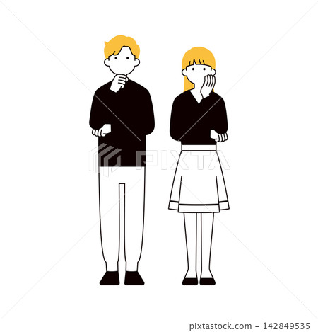 A set of simple full-body vector illustrations of young men and women in thinking, troubled, or worried poses - Silhouette 142849535