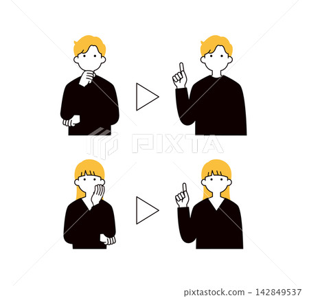 A set of simple silhouette vector illustrations of a man and a woman solving a problem, showing their upper bodies. A set of simple silhouette vector illustrations of a man and a woman solving a problem, showing their upper bodies. 142849537