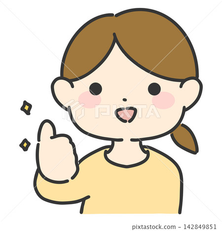 Hand-drawn vector illustration of a woman making a thumbs-up sign with one hand; a simple female facial expression icon. Hand-drawn vector illustration of a woman making a thumbs-up sign with one hand; a simple female facial expression icon. 142849851