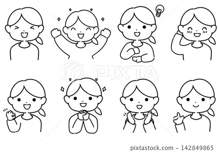 一組表情正面的女性向量插圖；簡單的女性臉部表情圖示。 142849865