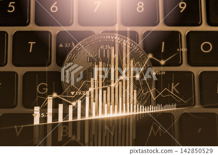 Modern way of exchange. Bitcoin is convenient payment in global economy market. Virtual digital currency and financial investment trade concept. Abstract cryptocurrency with gold bitcoin background. 142850529