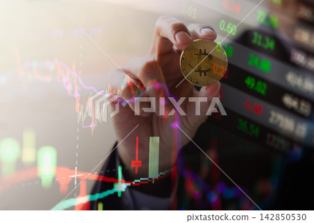 Modern way of exchange. Bitcoin is convenient payment in global economy market. Virtual digital currency and financial investment trade concept. Abstract cryptocurrency with gold bitcoin background. Modern way of exchange. Bitcoin is convenient payment in global economy market. Virtual digital currency and financial investment trade concept. Abstract cryptocurrency with gold bitcoin background. 142850530