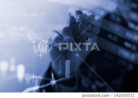 Modern way of exchange. Bitcoin is convenient payment in global economy market. Virtual digital currency and financial investment trade concept. Abstract cryptocurrency with gold bitcoin background. Modern way of exchange. Bitcoin is convenient payment in global economy market. Virtual digital currency and financial investment trade concept. Abstract cryptocurrency with gold bitcoin background. 142850531