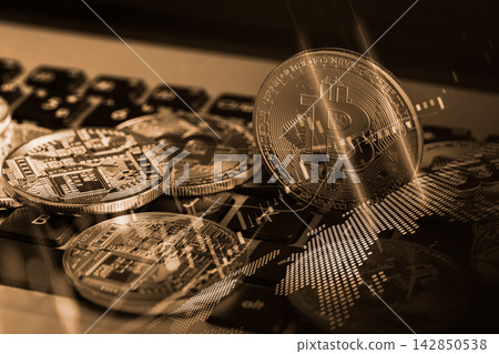 Modern way of exchange. Bitcoin is convenient payment in global economy market. Virtual digital currency and financial investment trade concept. Abstract cryptocurrency with gold bitcoin background. Modern way of exchange. Bitcoin is convenient payment in global economy market. Virtual digital currency and financial investment trade concept. Abstract cryptocurrency with gold bitcoin background. 142850538