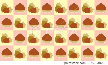 A checkerboard background of acorns and chestnuts, autumn nuts. A checkerboard background of acorns and chestnuts, autumn nuts. 142850653
