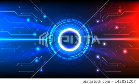 Glowing HUD interface element with red and blue circuit lines, glowing nodes and high tech concept 142851207