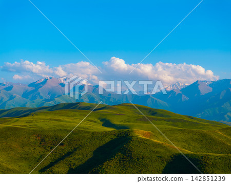 Majestic Mountain Landscape with Rolling Green Hills Majestic Mountain Landscape with Rolling Green Hills 142851239