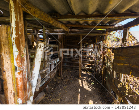 Interior of dilapidated wooden animal enclosure in Kyrgyzstan Interior of dilapidated wooden animal enclosure in Kyrgyzstan 142851248
