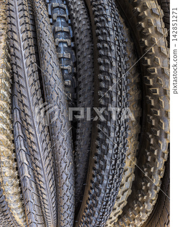 Close-up of Bicycle Tires with Various Tread Patterns Close-up of Bicycle Tires with Various Tread Patterns 142851271