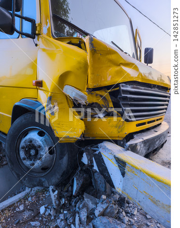 Severely Damaged Yellow Vehicle After Accident in Kyrgyzstan Severely Damaged Yellow Vehicle After Accident in Kyrgyzstan 142851273
