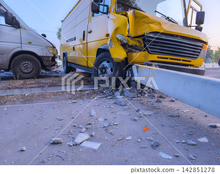 Traffic Accident Scene with Damaged Vans and Debris Traffic Accident Scene with Damaged Vans and Debris 142851278