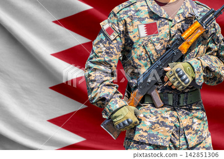 Bahrain flag with soldier holding assault rifle Bahrain flag with soldier holding assault rifle 142851306