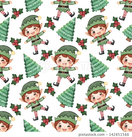 Seamless pattern of Christmas cartoon cute. Hand drawn watercolor illustration. For menus, labels, paper, textiles and seasonal fabric transparent background. Seamless pattern of Christmas cartoon cute. Hand drawn watercolor illustration. For menus, labels, paper, textiles and seasonal fabric transparent background. 142851588