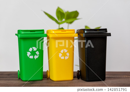 Colorful recycling bins with plant on a wooden tabletop Colorful recycling bins with plant on a wooden tabletop 142851791