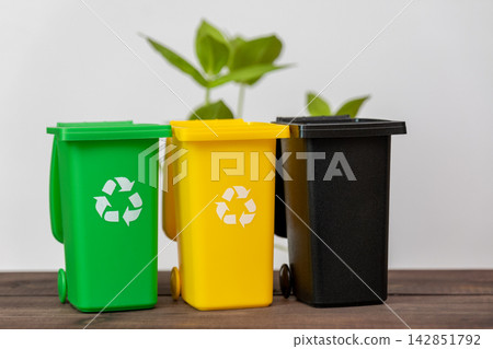 Colorful recycling bins with plant leaves on a wooden table Colorful recycling bins with plant leaves on a wooden table 142851792