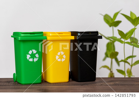 Colorful recycling bins with plant background on wooden table indoors Colorful recycling bins with plant background on wooden table indoors 142851793