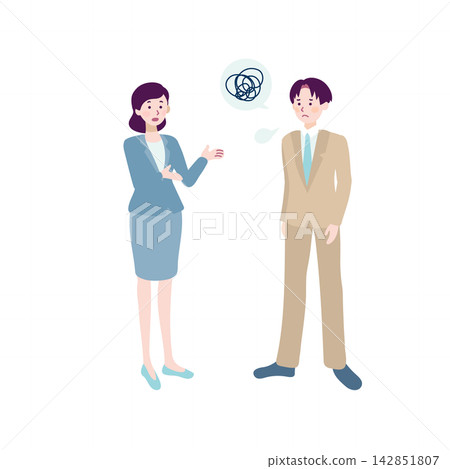Full-body illustration of a male and female business person struggling to communicate effectively. Full-body illustration of a male and female business person struggling to communicate effectively. 142851807